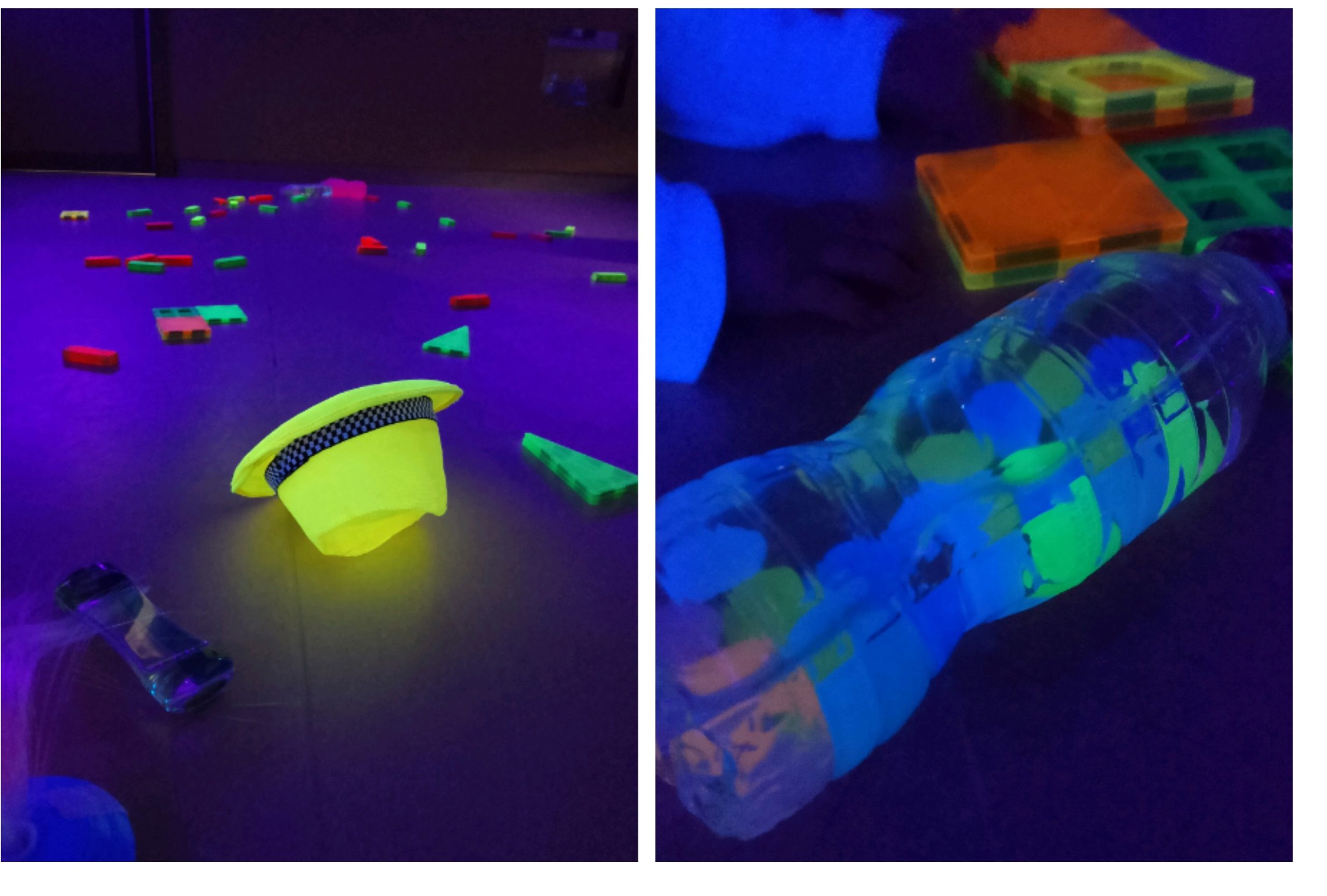 Sombrero fluorescente y botella sensorial con luz negra en Escuela Infantil El Gato con Botas.