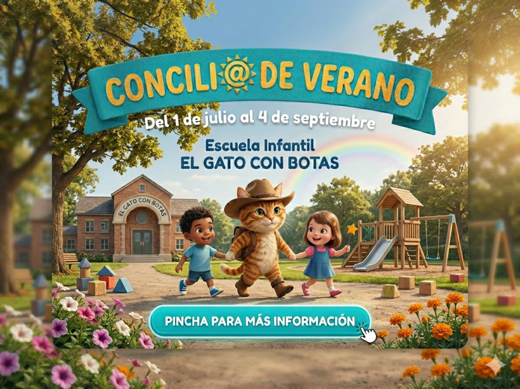 Cartel informativo de la escuela de verano El Gato con Botas del 1 de julio al 4 de septiembre con ilustración de gato con botas y niños.