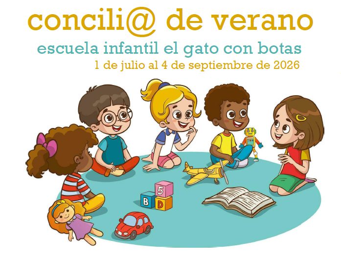 Cartel de la Escuela Infantil El Gato con Botas anunciando el programa de verano 2026, con una ilustración de niños jugando en grupo.